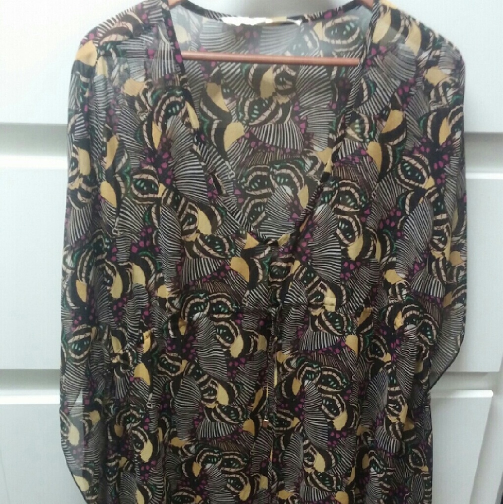 ANTHROPOLOGIE RACHEL ROY CHIFFON PRINTED TUNIC KAFTAN MAXI DRESS XL  *no lining*